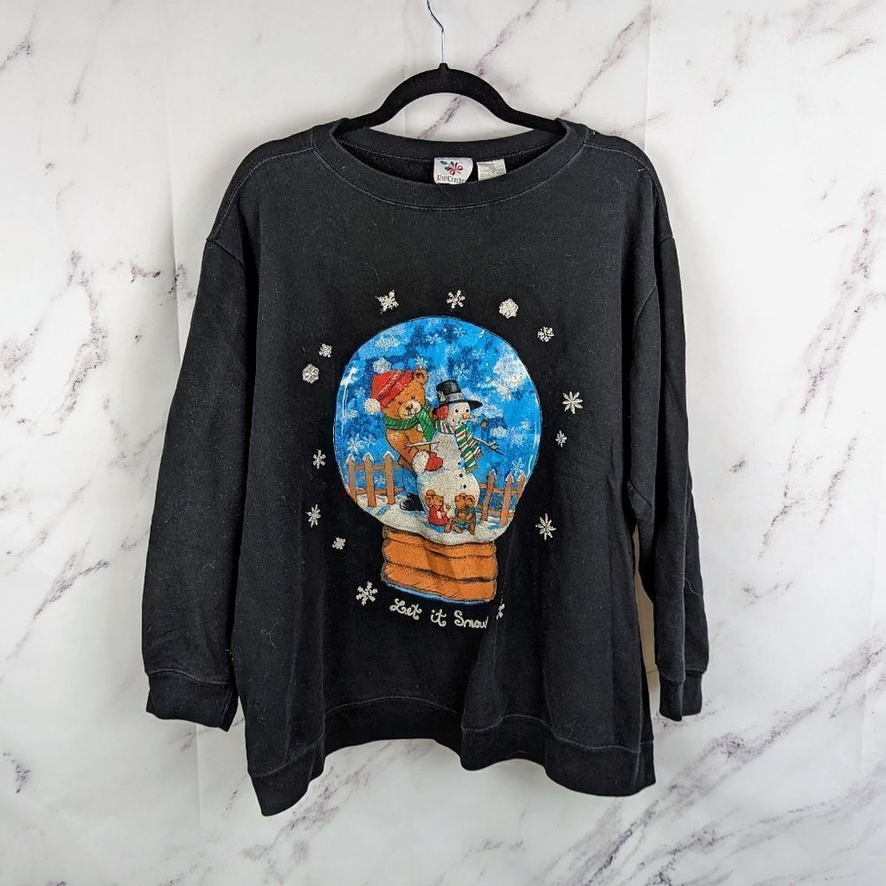 Vintage Teddy Bear Christmas Sweater Let it Snow Black Ugly Winter Size 1X